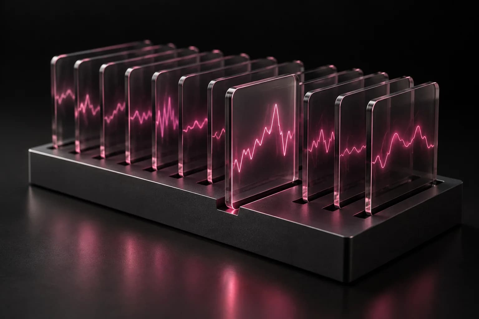 Conceptual illustration of separate agent activity signals held in dark glass panels