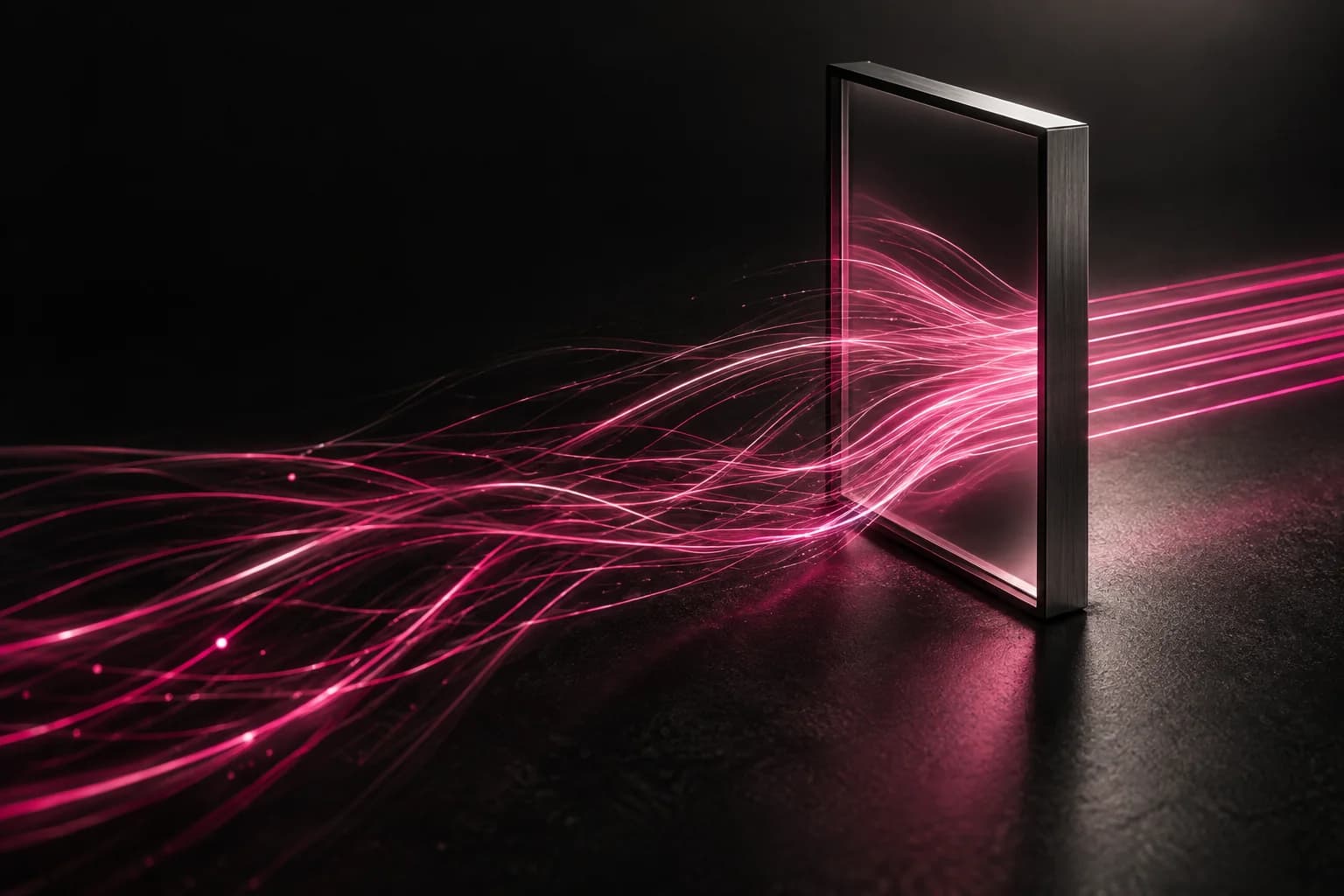 Conceptual illustration of pink activity signals passing through a smoked-glass review checkpoint