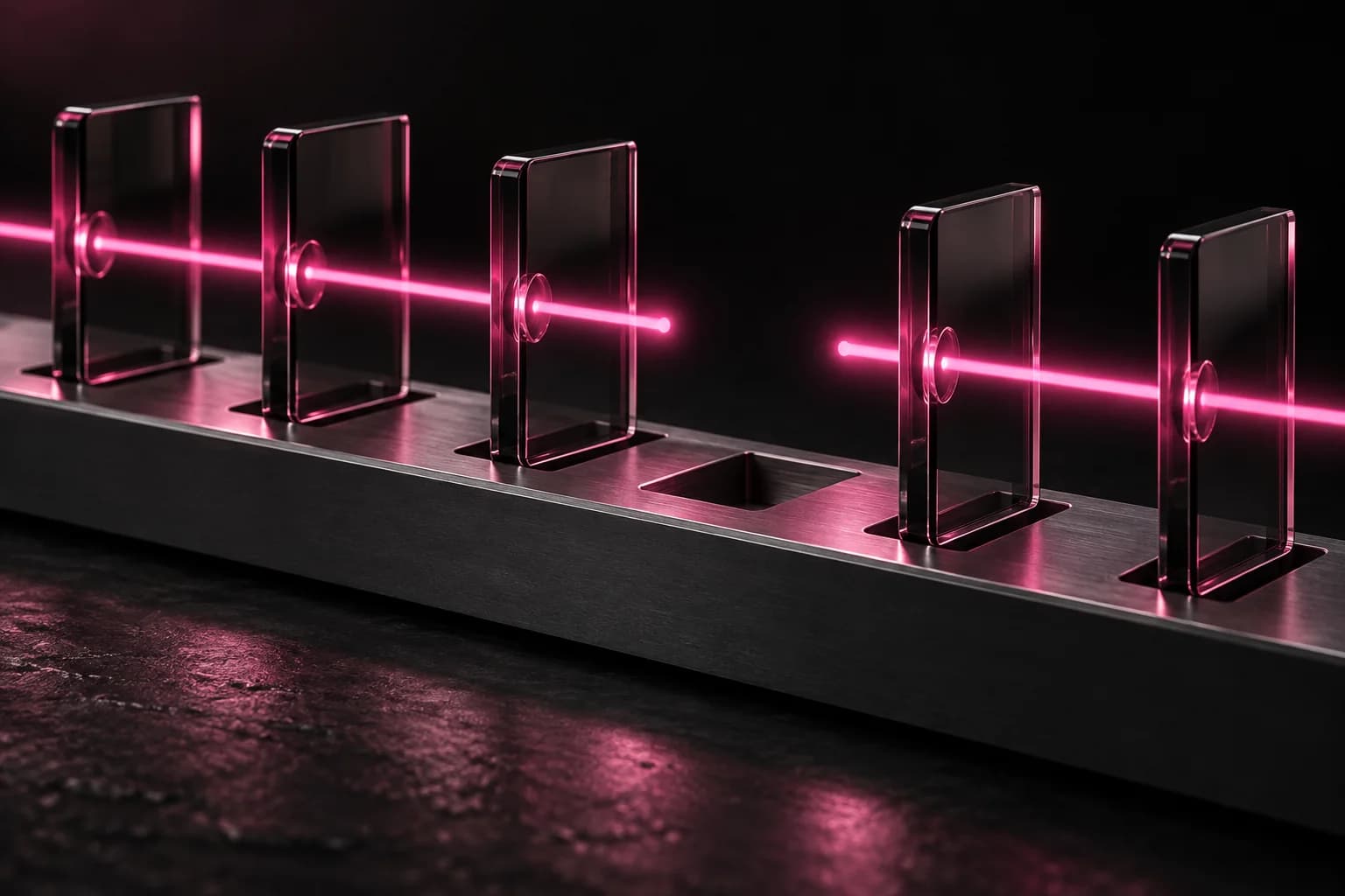 Conceptual illustration of a missing glass segment interrupting an expected pink signal
