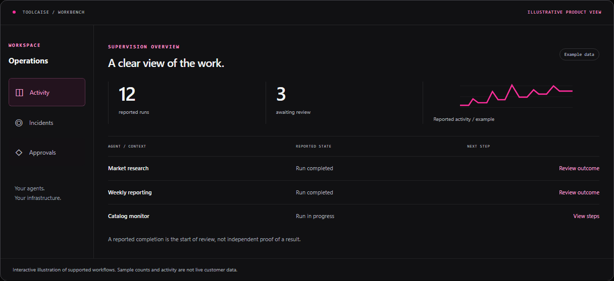 Illustrative Toolcaise workbench showing agent runs, review states, and sample activity