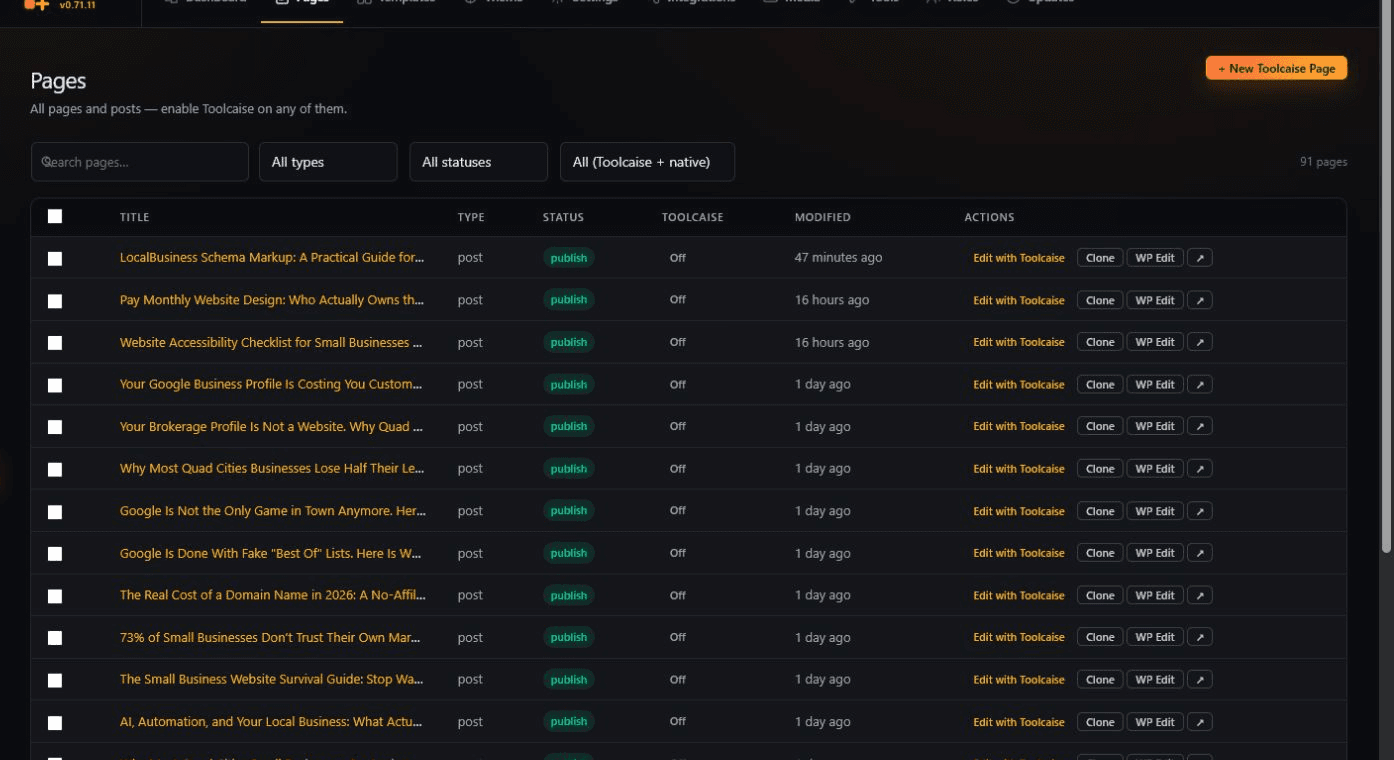 Toolcaise page inventory with search, filters, publishing status, and page actions