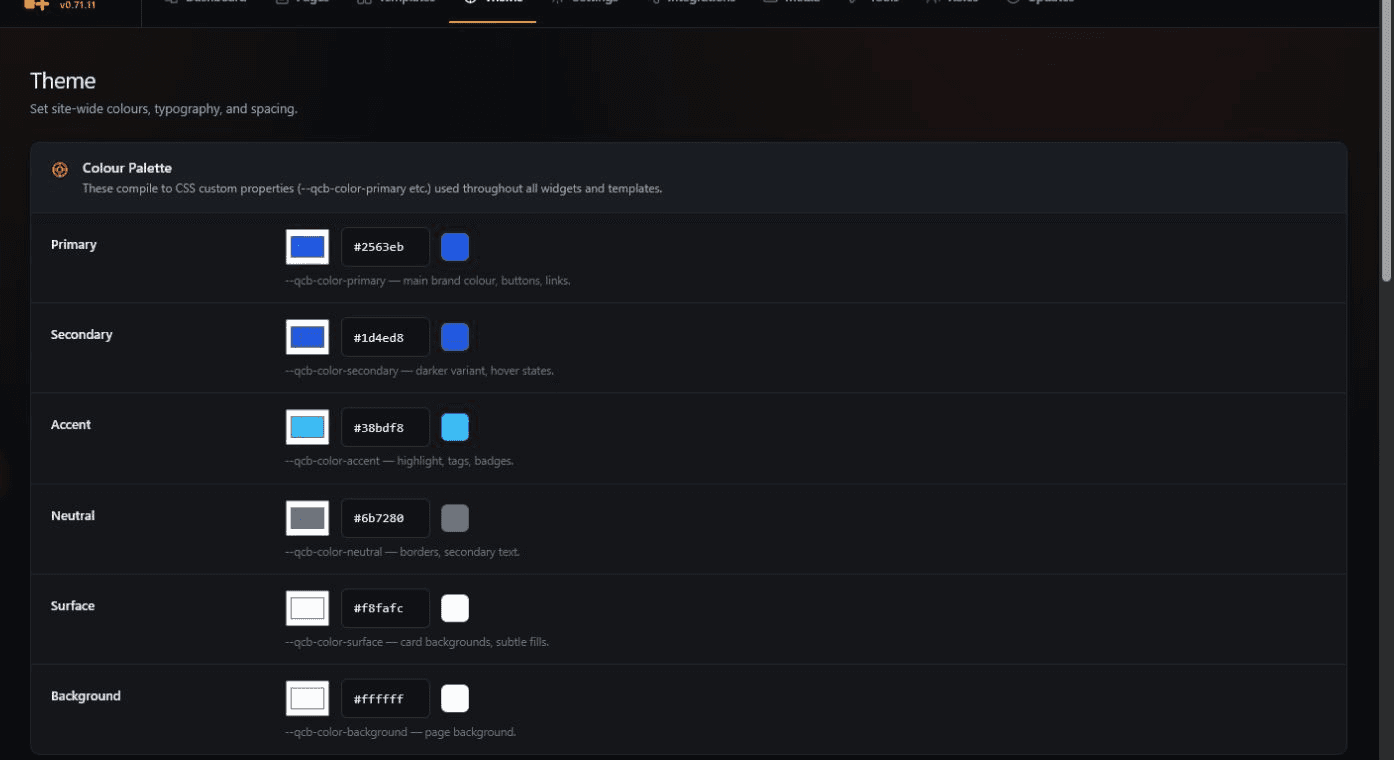 Toolcaise site-wide theme controls for colors, typography, and spacing