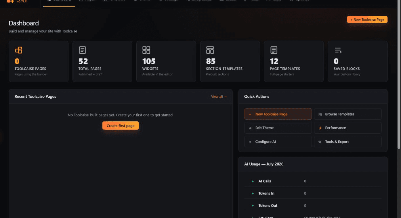 Toolcaise WordPress builder dashboard showing pages, widgets, templates, and quick actions