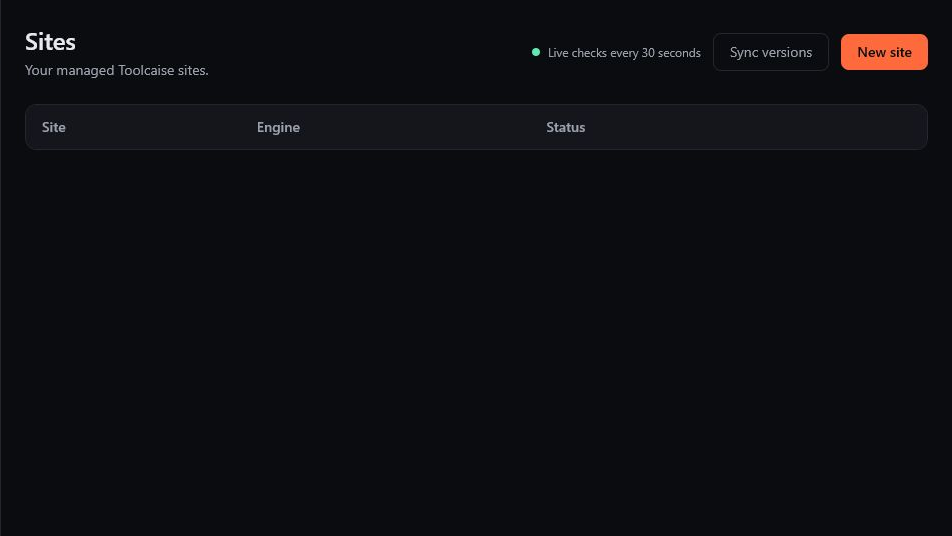 Toolcaise managed-sites control plane with version synchronization and live checks