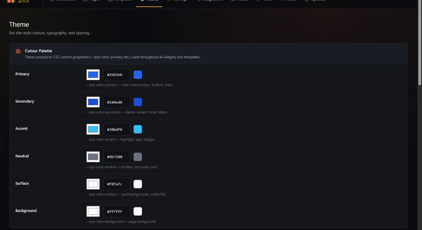 Toolcaise theme controls for global colors, typography, and spacing