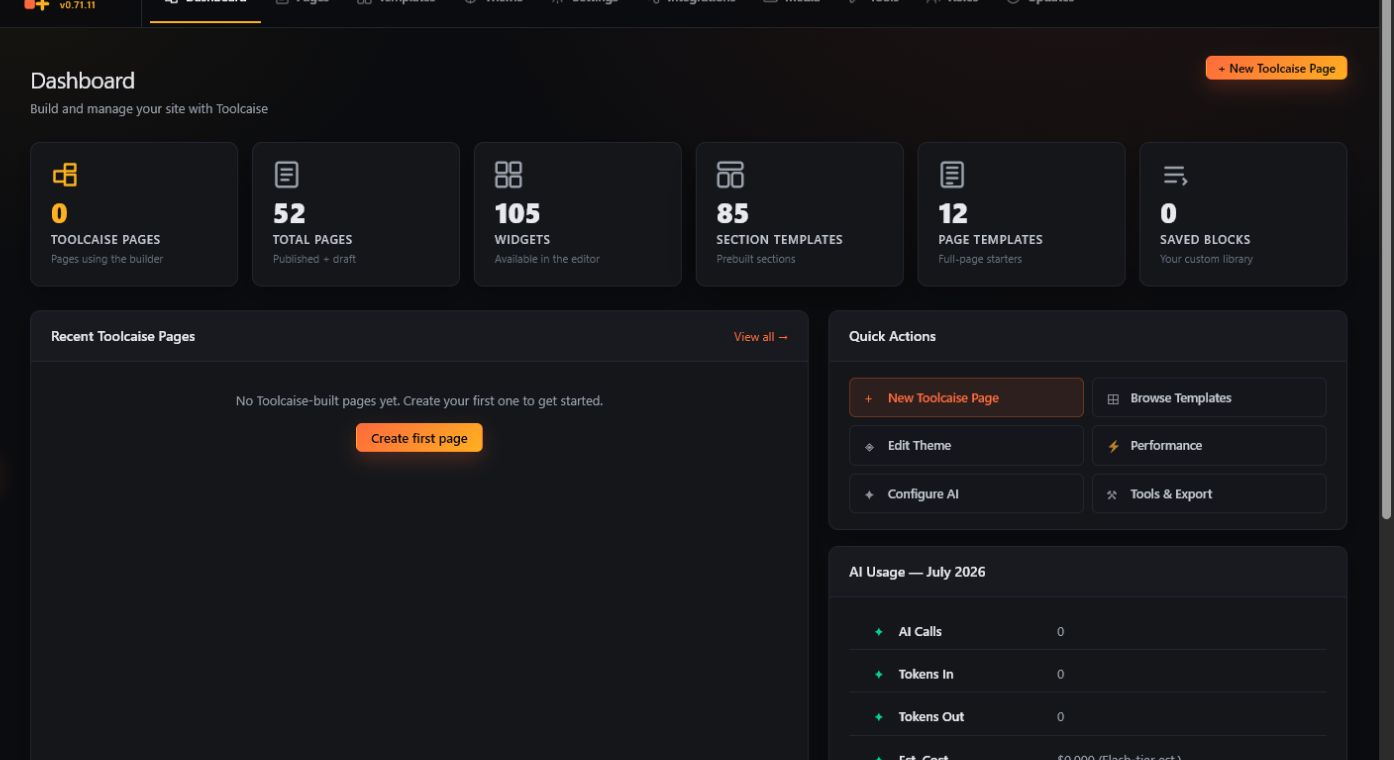 Toolcaise dashboard running inside WordPress with widget, template, and page controls
